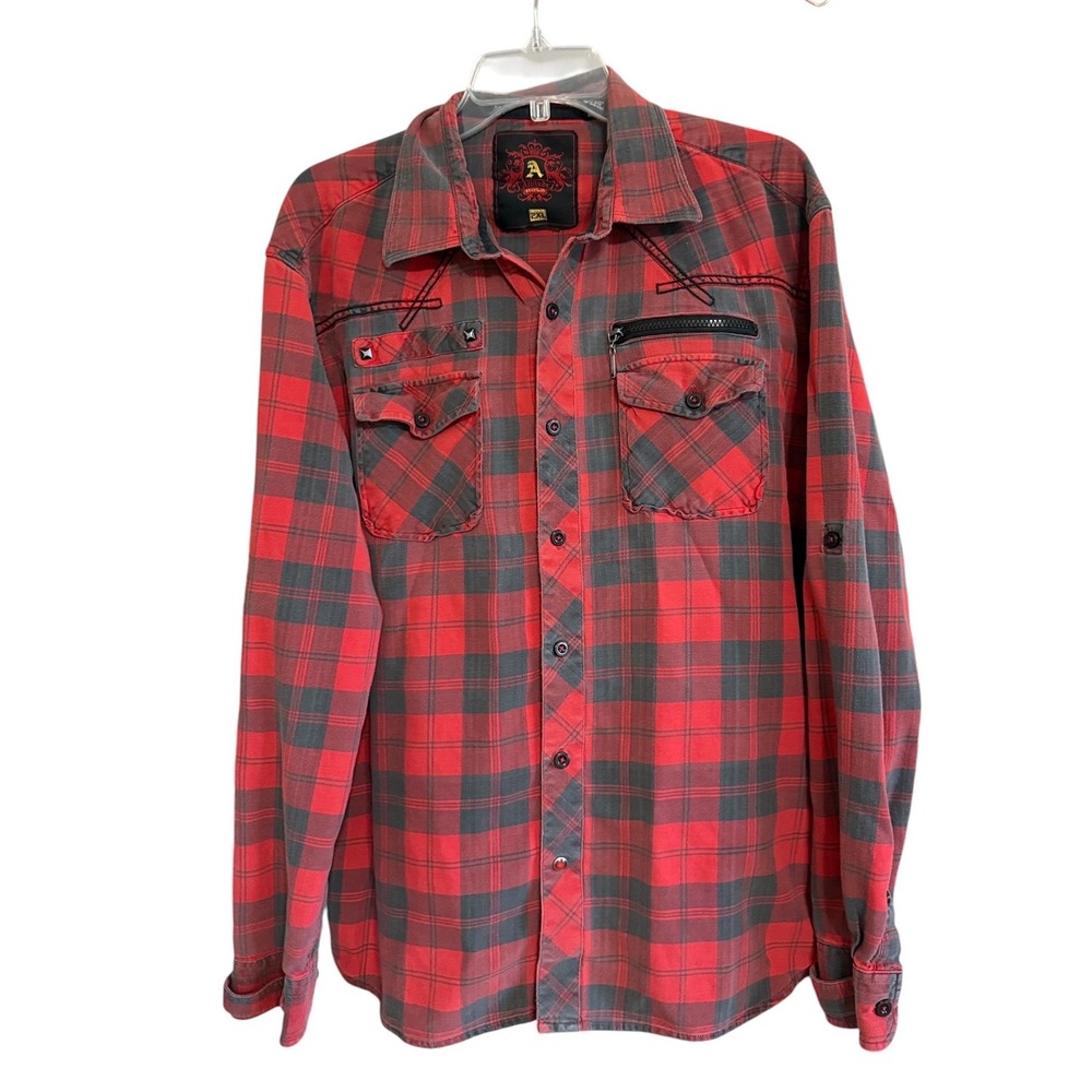 Attitude Gold Mens 2XL Red Plaid Western Button Down Shirt Studded Rocker Edgy
